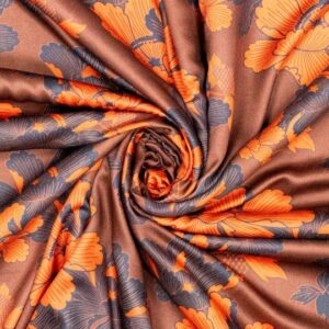 Viscose satin Japanese flower brown/orange